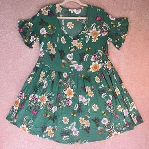 Umgee‎ Sz M Kelly Green Floral Boho Flowy Ruffle Pleated Elastic Waist Dress